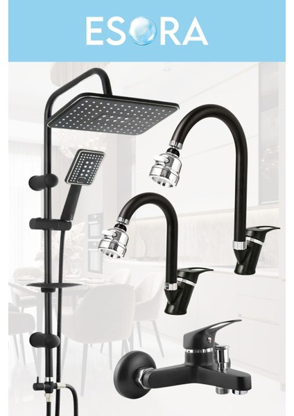 Siyah Robot Duş Seti Baston Borulu Oynar Başlıklı Eviye, Lavabo ve Banyo Bataryası 4lü Set