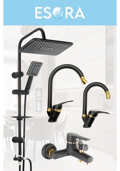 Siyah Robot Duş Seti , Siyah Gold Oynar Uçlu Eviye , Lavabo , Banyo Bataryası 4’lü Set