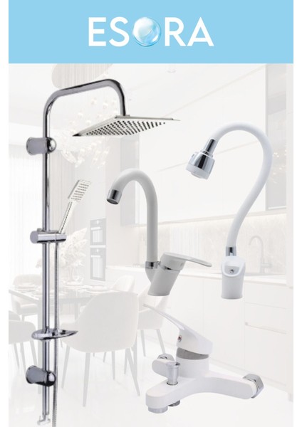 Dubai Krom Robot Duş Seti , Beyaz Oynar Borulu Eviye , Baston Lavabo , Banyo Bataryası 4’lü Set