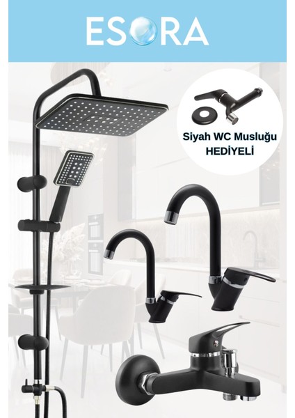 Siyah Robot Duş Seti Banyo Bataryası 4’lü Set + Wc Musluğu