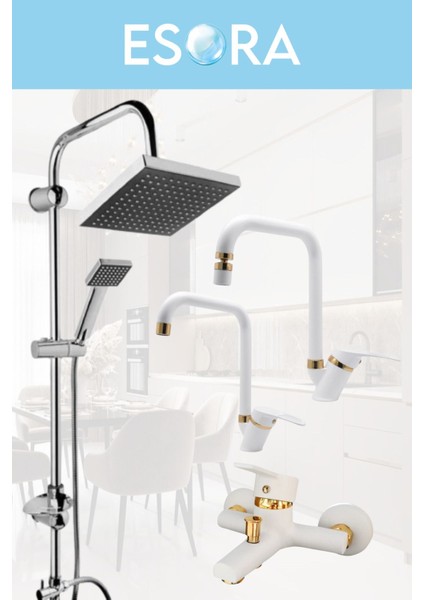 Krom Siyah Robot Duş Seti , Beyaz Gold Köşe Borulu Eviye , Lavabo , Banyo Bataryası 4’lü Set