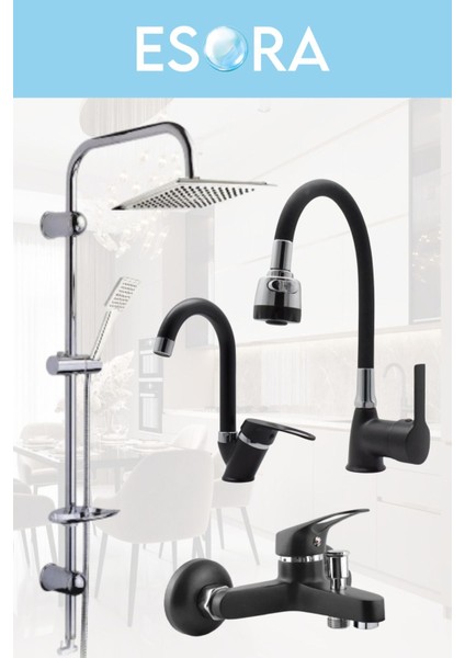 Dubai Krom Robot Duş Seti , Siyah Oynar Borulu Eviye , Baston Lavabo , Banyo Bataryası 4’lü Set