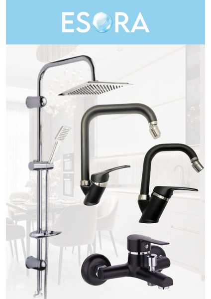 Krom Dubai Robot Duş Seti , Siyah Krom Oynar Uçlu Eviye , Lavabo , Banyo Bataryası 4’lü Set