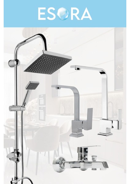 Krom Robot Duş Seti , Lüx Kare Eviye , Lavabo , Banyo Bataryası 4’lü Set