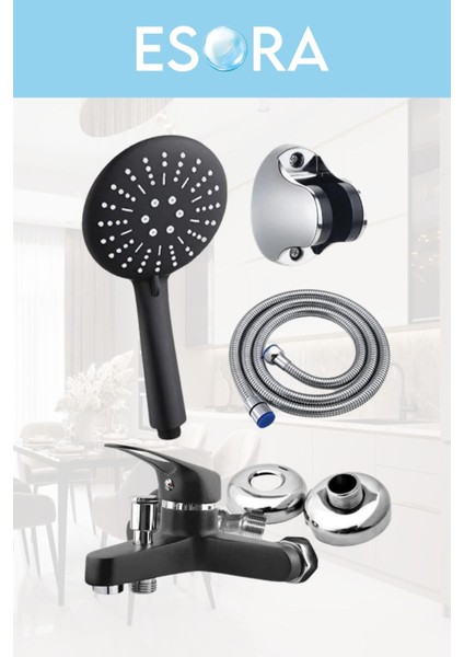 Siyah Banyo Bataryası Duş Başlığı Hortumu ve Mafsalı Set