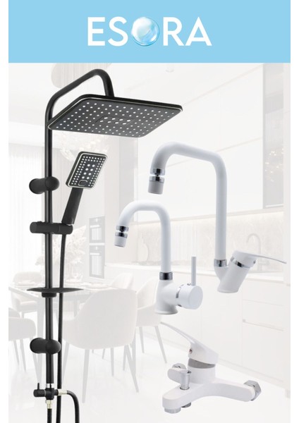 Siyah Robot Duş Seti , Beyaz Köşe Borulu Eviye , Lavabo , Banyo Bataryası 4’lü Set