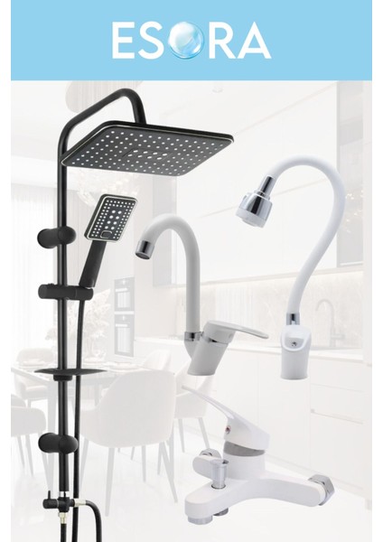 Siyah Robot Duş Seti , Beyaz Oynar Borulu Eviye , Baston Lavabo , Banyo Bataryası 4’lü Set