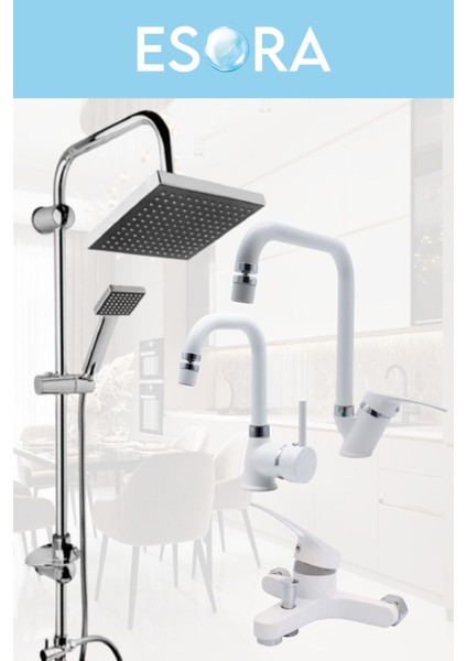 Krom Siyah Robot Duş Seti , Beyaz Köşe Borulu Eviye , Lavabo , Banyo Bataryası 4’lü Set