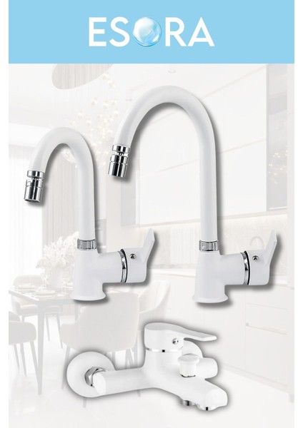 Beyaz Krom Baston Borulu Eviye Mutfak , Lavabo , Banyo Bataryası 3'lü Set