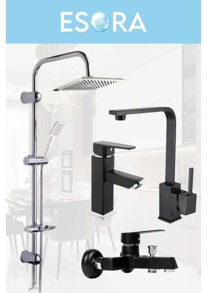 Dubai Krom Robot Duş Seti , Siyah Lüx Kare Eviye , Sabit Lavabo , Banyo Bataryası 4’lü Set