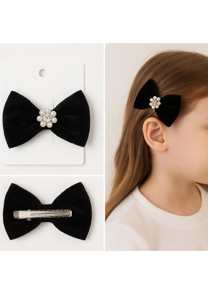 Çocuk Siyah Kadife Fiyonk Saç Tokası – Inci ve Taş Detaylı Şık Toka