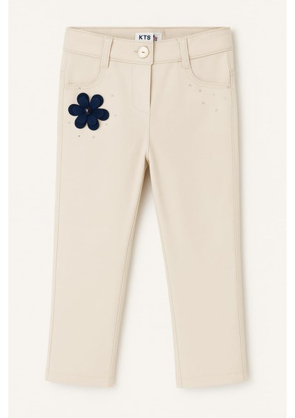 Kız Çocuk Krem Pantolon – Çiçek Aplikeli ve Taş Detaylı