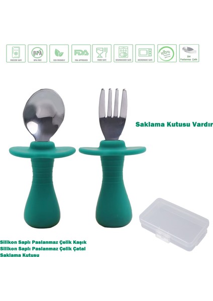 Yeşil Renk Figürlü Premium Çocuk Bpa Free Silikon Sap Paslanmaz Çelik Uçlu Çatal-Kaşık Set 9+ Ay