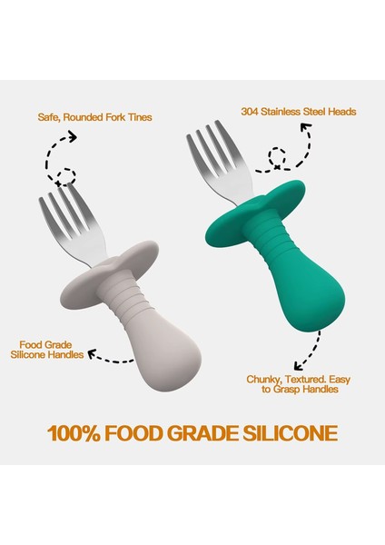 Yeşil Renk Figürlü Premium Çocuk Bpa Free Silikon Sap Paslanmaz Çelik Uçlu Çatal-Kaşık Set 9+ Ay