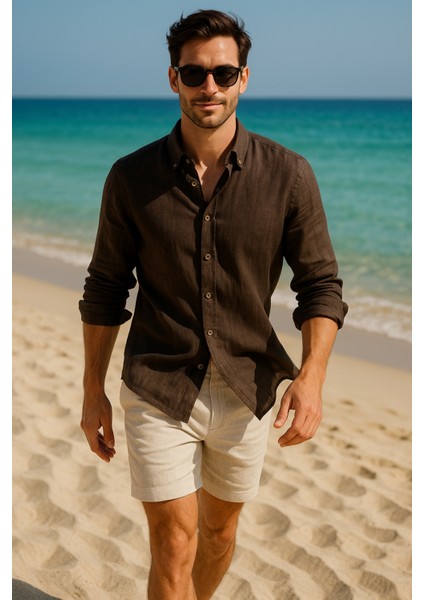 Erkek Kahverengi %100 Keten Düğmeli Yaka Modern Fit Cepsiz Gömlek