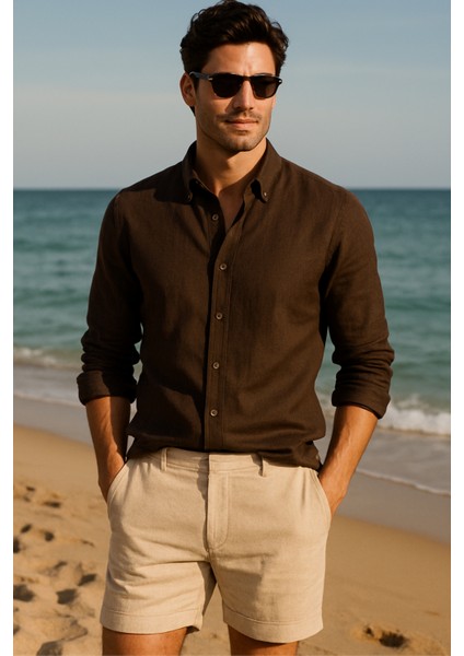 Erkek Kahverengi %100 Keten Düğmeli Yaka Modern Fit Cepsiz Gömlek fiyatları