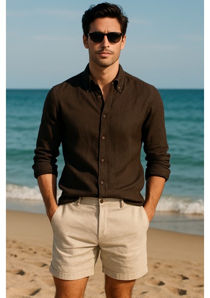 Erkek Kahverengi %100 Keten Düğmeli Yaka Modern Fit Cepsiz Gömlek modelleri