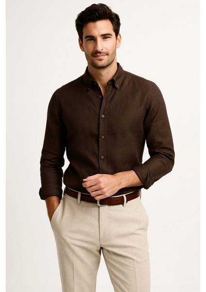 Erkek Kahverengi %100 Keten Düğmeli Yaka Modern Fit Cepsiz Gömlek fırsatları