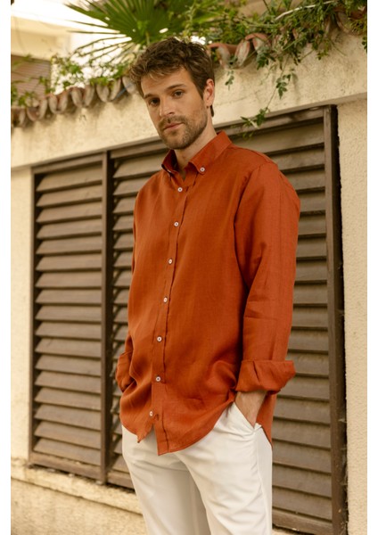 Erkek %100 Keten Kiremit Rengi Düğmeli Yaka Modern Fit Cepsiz Gömlek fırsatları