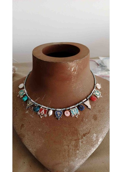 Atatürk Yazılı Doğal Taşlı Mozaik Gümüş Kolye