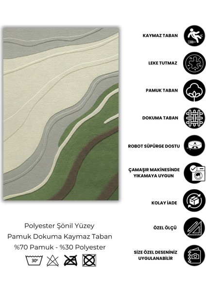 Dalga Desenli Modern Yeşil Halı Dijital Baskılı Dokuma Kaymaz Tabanlı Yıkanabilir Oturma Odası Halısı