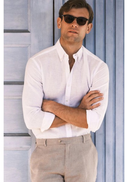 Erkek Optik Beyaz %100 Keten Düğmeli Yaka Modern Fit Cepsiz Gömlek