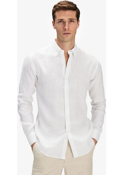 Erkek Optik Beyaz %100 Keten Düğmeli Yaka Modern Fit Cepsiz Gömlek fiyatları