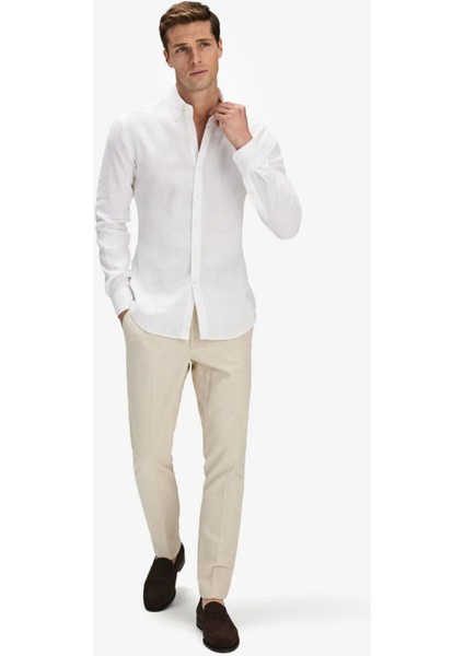 Erkek Optik Beyaz %100 Keten Düğmeli Yaka Modern Fit Cepsiz Gömlek fırsatları
