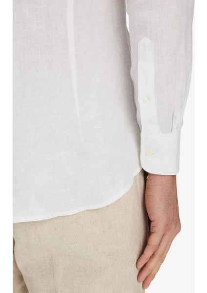 Erkek Optik Beyaz %100 Keten Düğmeli Yaka Modern Fit Cepsiz Gömlek indirimleri