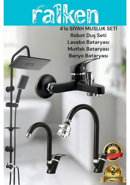 Lüx Siyah 4’lü Banyo Seti Siyah Robot Tepe Duş, Banyo, Lavabo, Eviye Mutfak Bataryası Musluğu Başlık