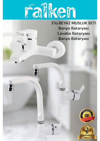 Delta Beyaz 3’lü Musluk Seti Banyo, Balık Sırtı Lavabo ve Eviye Mutfak Batarya Musluk Takımı Başlık