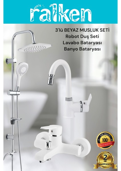 Lüx Beyaz 3’lü Kalın Gövde Banyo Seti Beyaz Robot Tepe Duş, Banyo, Lavabo Bataryası Musluk Takımı