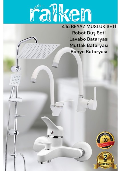 Lüx Beyaz 4’lü Banyo Seti Krom Robot Tepe Duş, Banyo, Lavabo, Eviye Mutfak Bataryası Musluğu