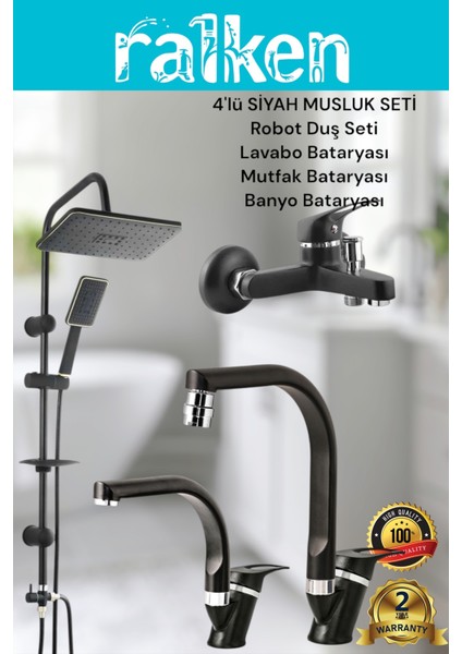 Lüx Siyah 4’lü Banyo Seti Siyah Robot Tepe Duş, Banyo, Lavabo, Eviye Mutfak Bataryası Musluğu