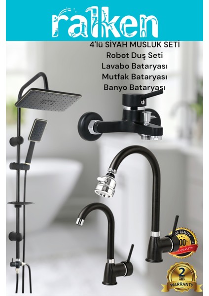 Lüx Siyah 4’lü Kalın Gövde Banyo Seti Robot Tepe Duş, Banyo, Lavabo, Eviye Mutfak Bataryası Musluğu