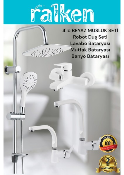 Lüx Beyaz 4’lü Kalın Gövde Banyo Seti Robot Tepe Duş, Banyo, Lavabo, Eviye Mutfak Bataryası Musluğu