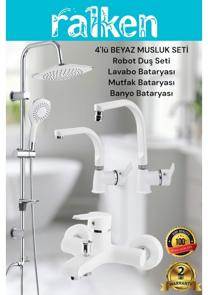Lüx Beyaz 4’lü Banyo Seti Robot Tepe Duş, Banyo, Lavabo, Eviye Mutfak Bataryası Musluğu Başlıklı