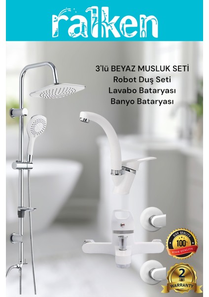 Lüx Beyaz 3’lü Banyo Seti Beyaz Robot Tepe Duş, Banyo, Lavabo Bataryası Musluk Takımı