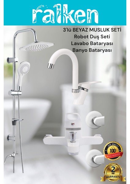 Lüx Beyaz 3’lü Banyo Seti Beyaz Robot Tepe Duş, Banyo, Baston Lavabo Bataryası Musluk Takımı