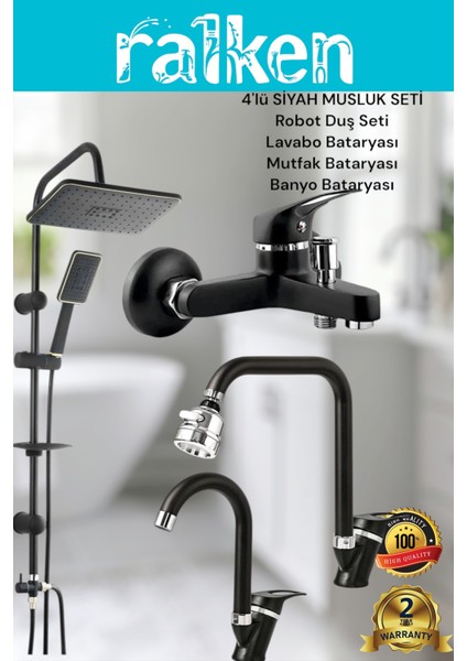 Lüx Siyah 4’lü Banyo Seti Siyah Robot Tepe Duş, Banyo, Lavabo, Köşe Eviye Mutfak Bataryası Musluğu