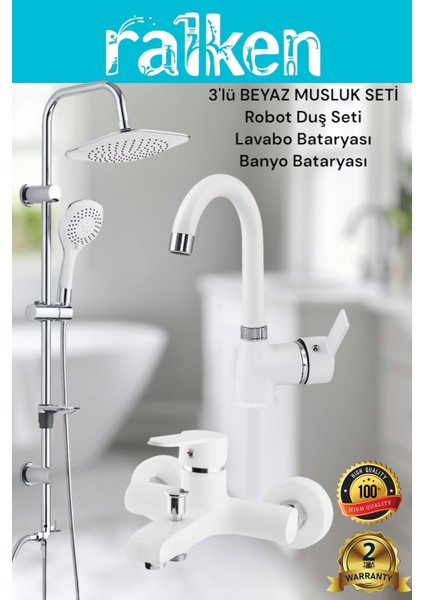 Lüx Beyaz 3’lü Kalın Gövde Banyo Seti Beyaz Robot Tepe Duş, Banyo, Lavabo Bataryası Musluk Takımı