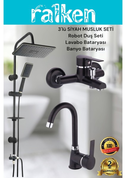 Lüx Siyah 3’lü Kalın Gövde Banyo Seti Siyah Robot Tepe Duş, Banyo, Lavabo Bataryası Musluk Takımı