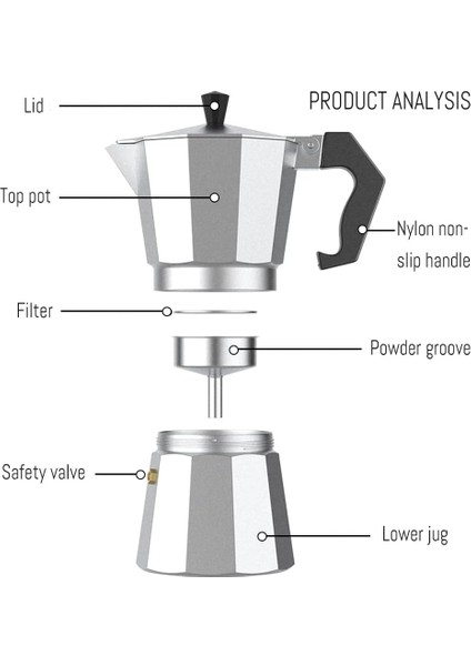 Klasik Italyan Moka Pot - 6061 Saf Alüminyum Profesyonel Moka Pot - 3 Kişilik 722058 modelleri