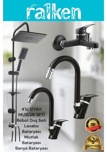 Lüx Siyah 4’lü Banyo Seti Siyah Robot Tepe Duş, Banyo, Lavabo, Eviye Mutfak Bataryası Musluğu Takımı