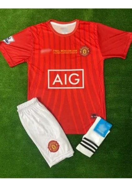 Cristiano Ronaldo Manchester Unıted 2008 Moscow Finali Kırmızı Beyaz Çocuk Forması 4 Parça Forma+Şort+Çorap+Biliklik indirimleri