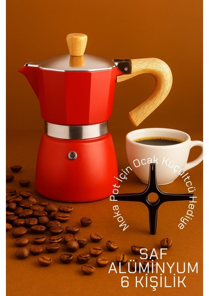 Italyan Moka Pot - 6061 Saf Alüminyum Ahşap Saplı - 6 Kişilik Kırmızı 722066
