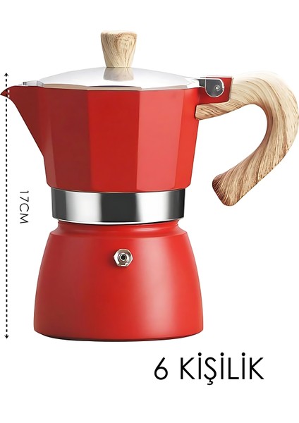 Italyan Moka Pot - 6061 Saf Alüminyum Ahşap Saplı - 6 Kişilik Kırmızı 722066 indirimleri