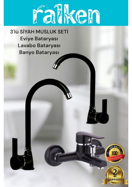 Delta Siyah 3’lü Musluk Seti Banyo, Baston Borulu Lavabo ve Eviye Mutfak Batarya Musluk Takımı