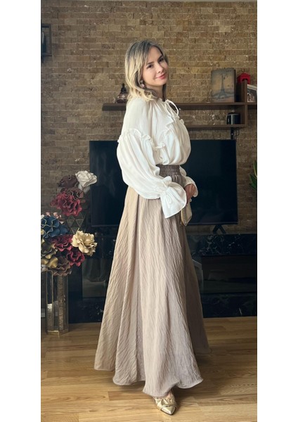 Etek Uçları Misinalı Fırfır Görünümlü Kadın Astarlı Şifon Etek