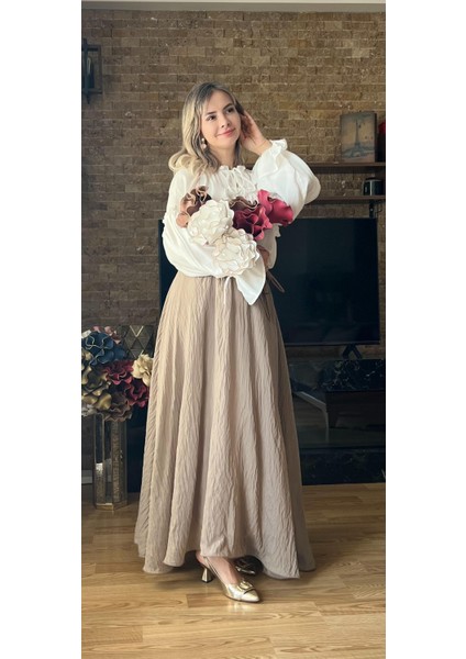 Etek Uçları Misinalı Fırfır Görünümlü Kadın Astarlı Şifon Etek modelleri